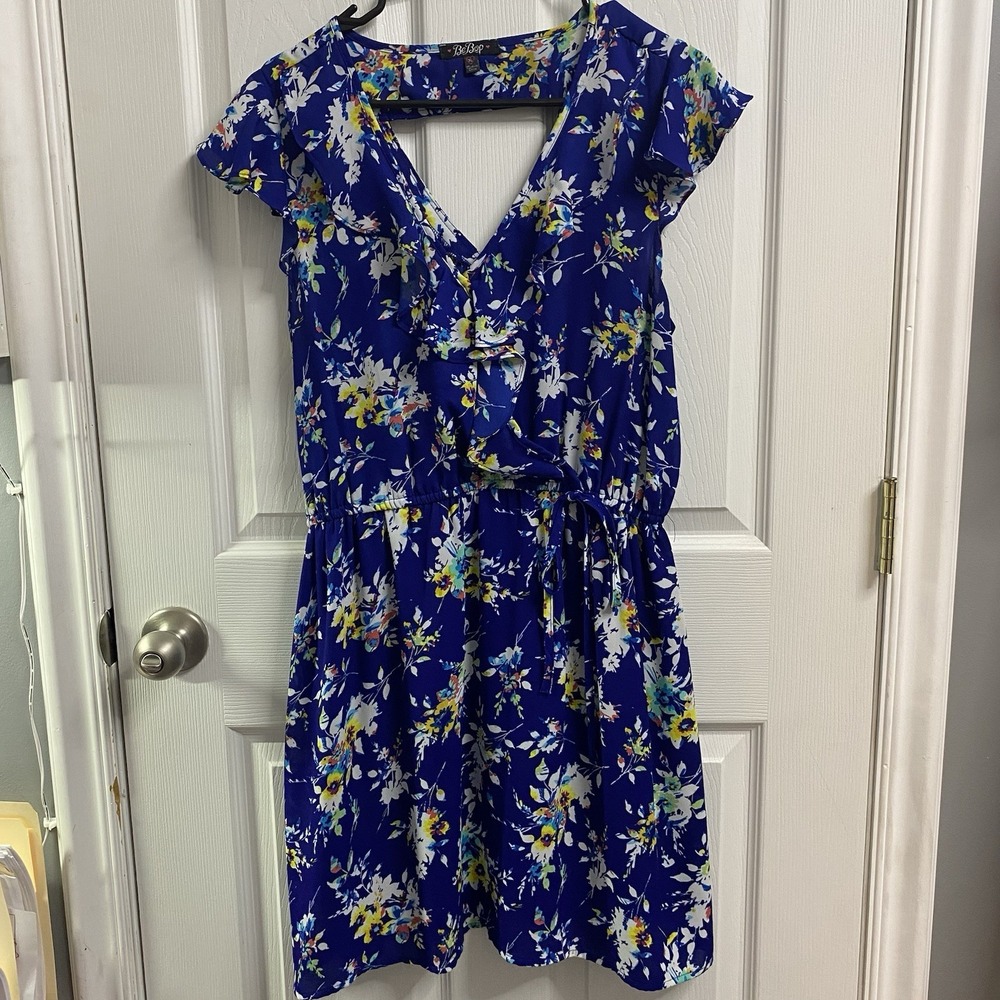Bebop‎ Junior XL Blue W/yellow Floral Print V Neck&Elastic Waist Dress. Comfy
